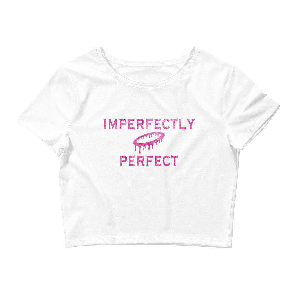 "Imperfectly Perfect" Distressed Pink Logo Women’s Crop Tee (More Colors Available)